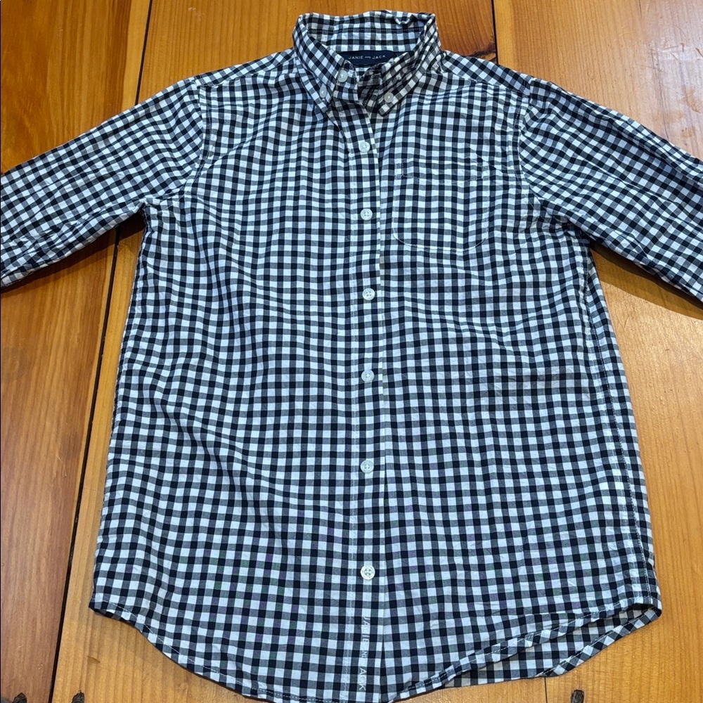 JANIE AND JACK 10 Navy Gingham Check Pocket Dress Shirt Button Up Down